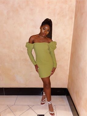 Off-Shoulder Puff Sleeve Mini Dress in Olive Green